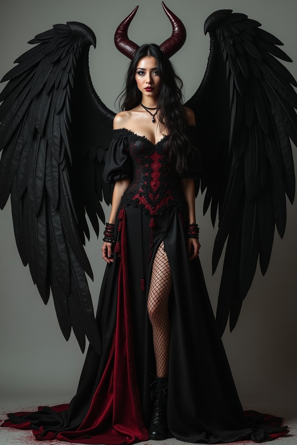 a woman dressed as an angel poses for a picture, dark angel, angel knight gothic girl, dark gothic dress, very sexy devil outfit, full body devil woman, gothic woman dressed in black and red, megan fox witch queen, raven winged female vampire, villainess has black angel wings, gothic outfit, tall female angel, gothic dress, fallen angel, winged woman angel, fishnet stockings