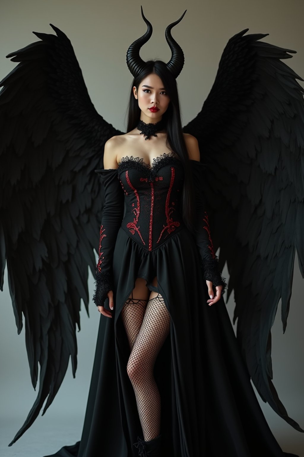 a woman dressed as an angel poses for a picture, dark angel, angel knight gothic girl, dark gothic dress, very sexy devil outfit, full body devil woman, gothic woman dressed in black and red, megan fox witch queen, raven winged female vampire, villainess has black angel wings, gothic outfit, tall female angel, gothic dress, fallen angel, winged woman angel, fishnet stockings