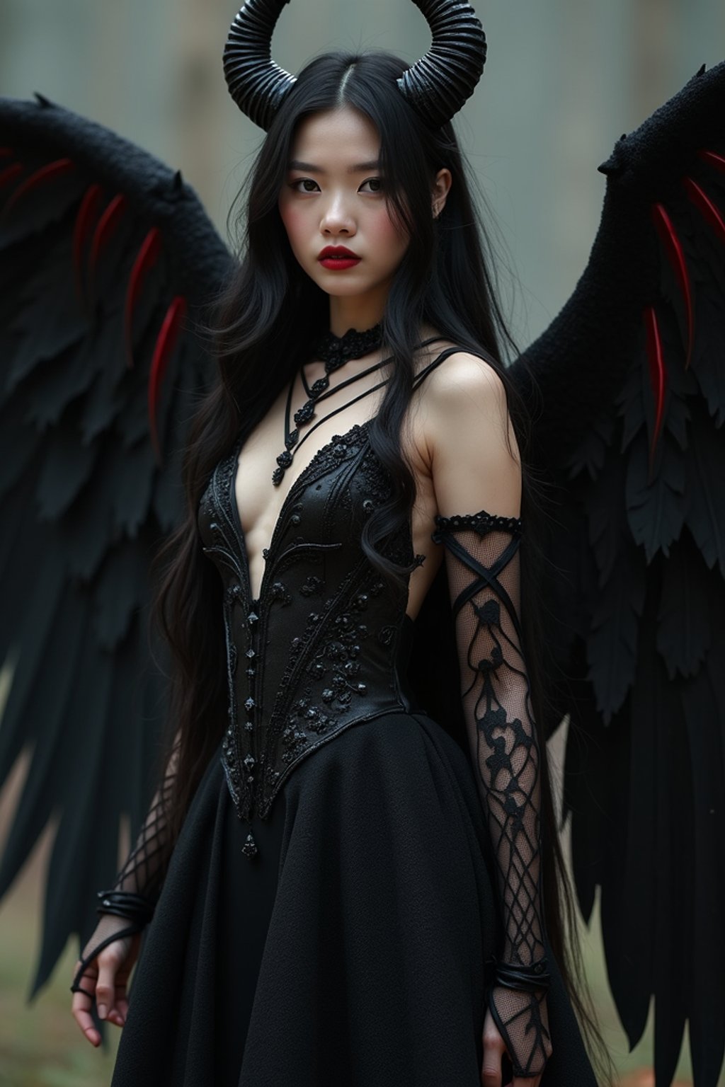 a woman dressed as an angel poses for a picture, dark angel, angel knight gothic girl, dark gothic dress, very sexy devil outfit, full body devil woman, gothic woman dressed in black and red, megan fox witch queen, raven winged female vampire, villainess has black angel wings, gothic outfit, tall female angel, gothic dress, fallen angel, winged woman angel, fishnet stockings