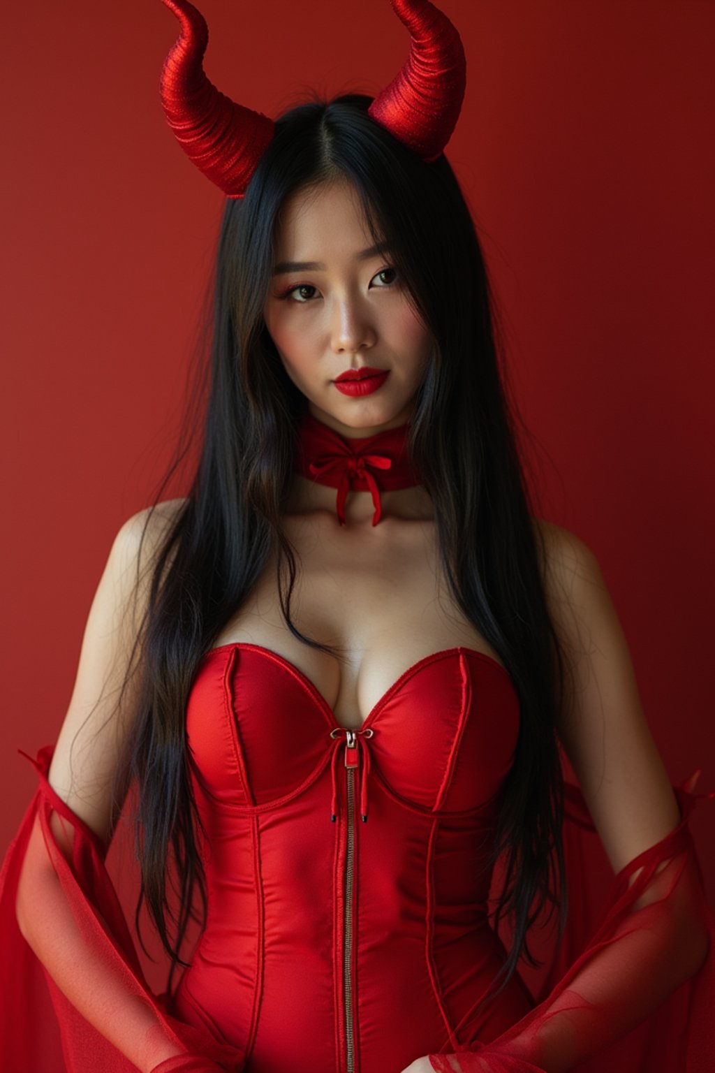 woman wearing (naughty halloween) (sexy halloween costume) red devil outfit posing for photo