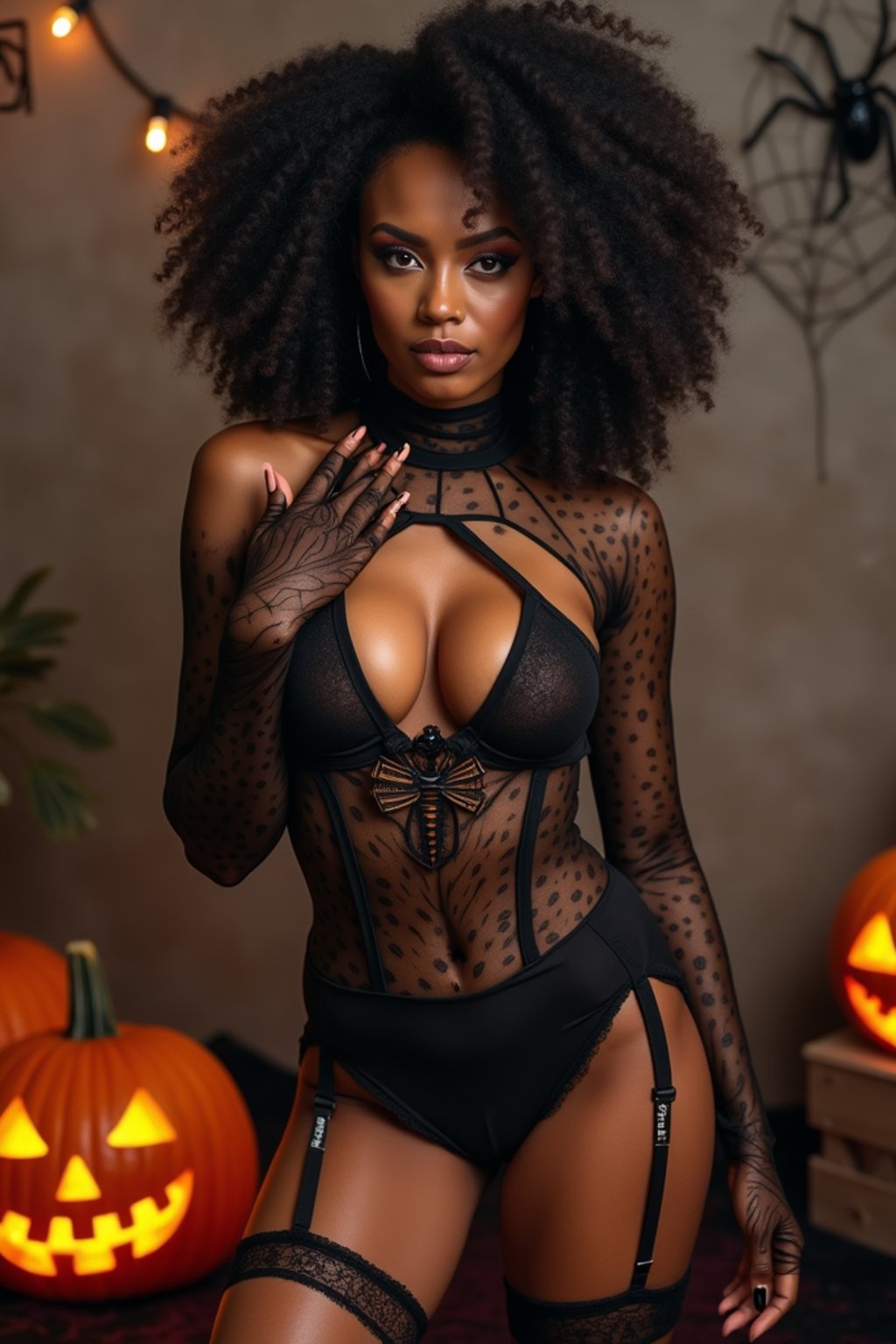 woman wearing (naughty halloween) (sexy halloween costume) (lingerie) (halloween outfit), spooky outfit posing for photo, background is halloween pumpkins and spiderwebs