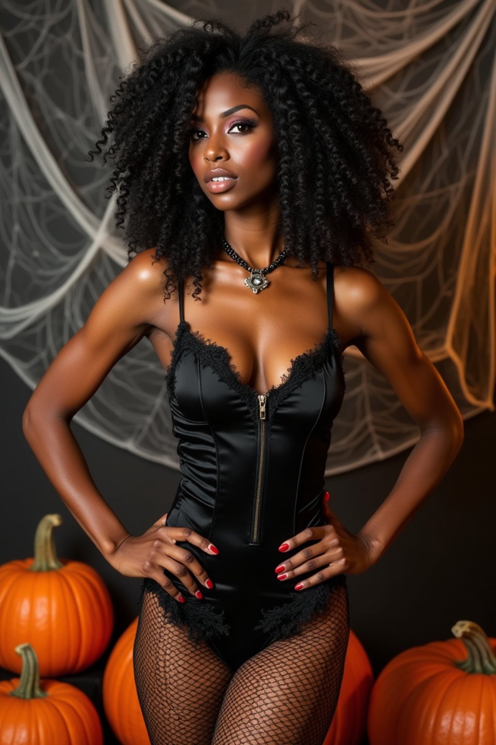 woman wearing (naughty halloween) (sexy halloween costume) (fishnet bodystockings) (halloween outfit), spooky outfit posing for photo, background is halloween pumpkins and spiderwebs