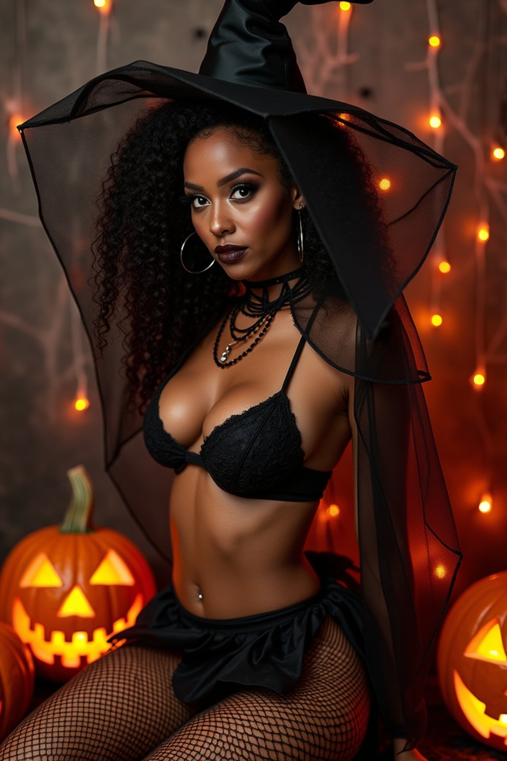 woman wearing (naughty halloween) (sexy halloween costume) (fishnet bodystockings) (halloween outfit), spooky outfit posing for photo, background is halloween pumpkins and spiderwebs