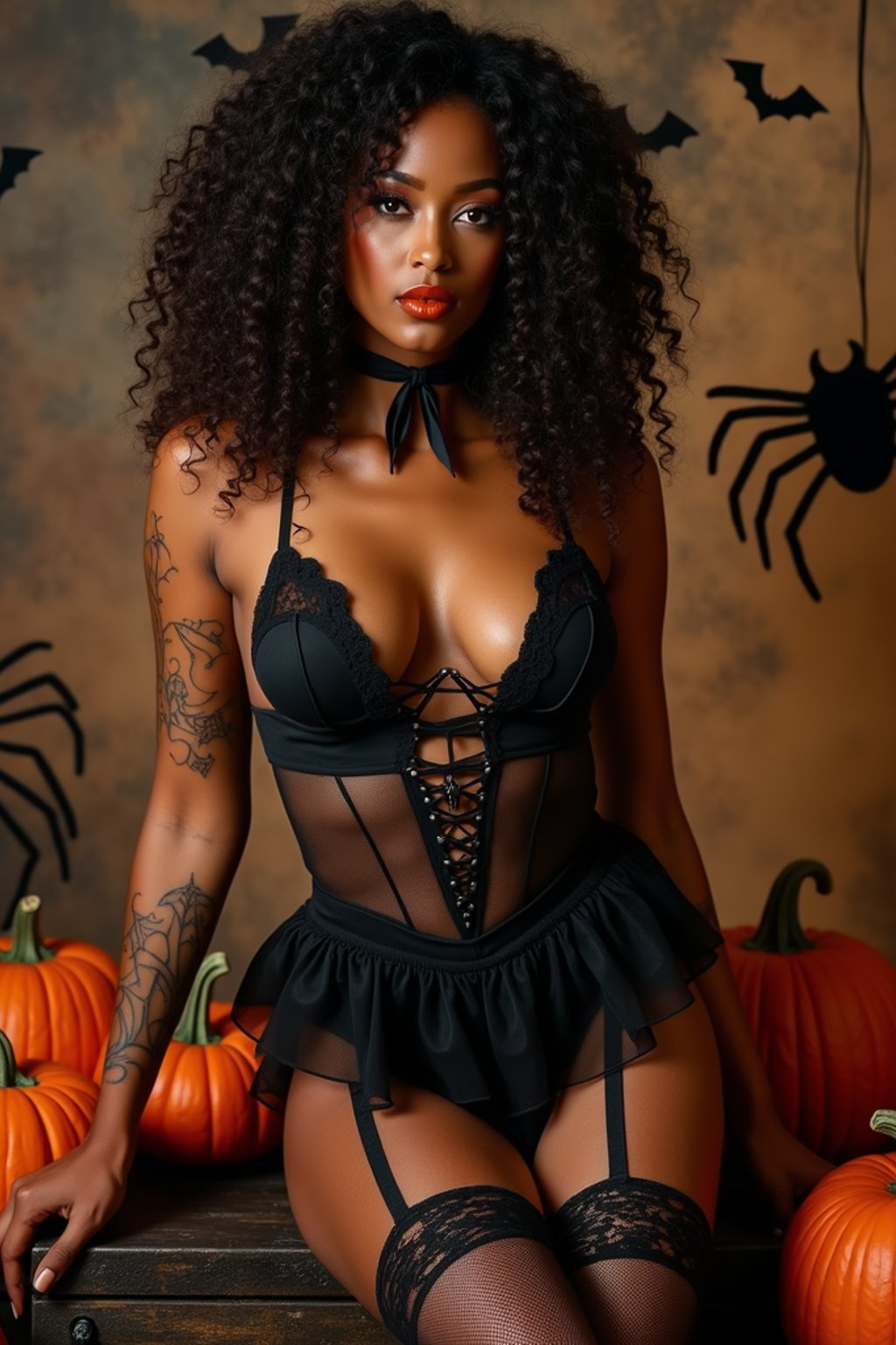 woman wearing (naughty halloween) (sexy halloween costume) (stockings) (halloween outfit), spooky outfit posing for photo, background is halloween pumpkins and spiderwebs