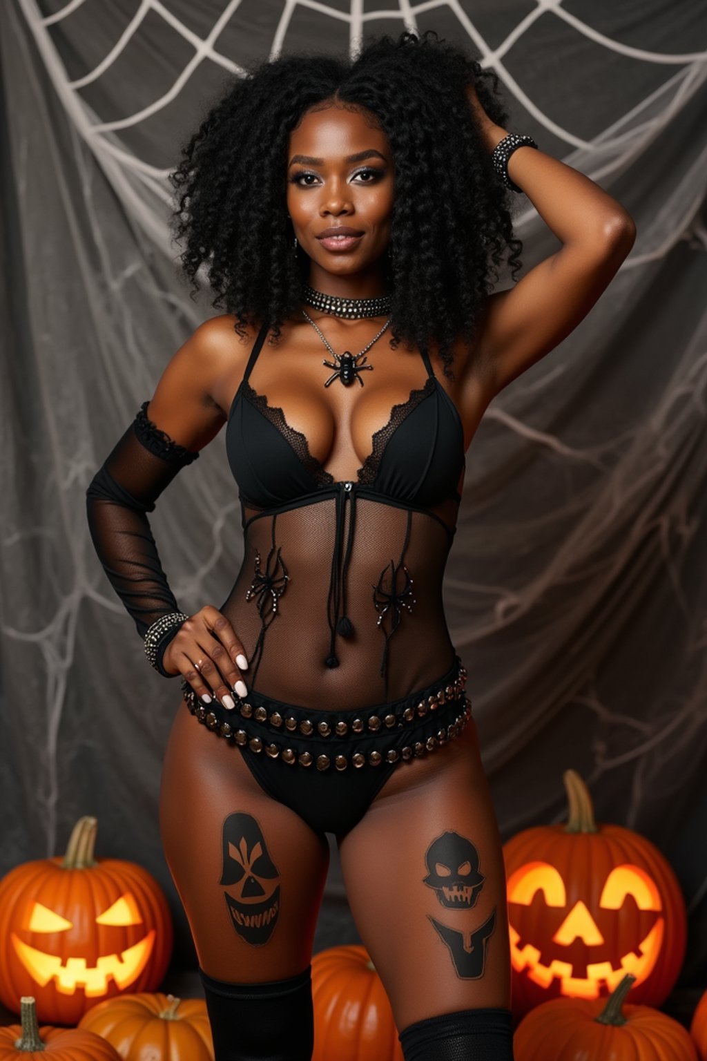 woman wearing (naughty halloween) (sexy halloween costume) (halloween outfit), spooky outfit posing for photo, background is halloween pumpkins and spiderwebs