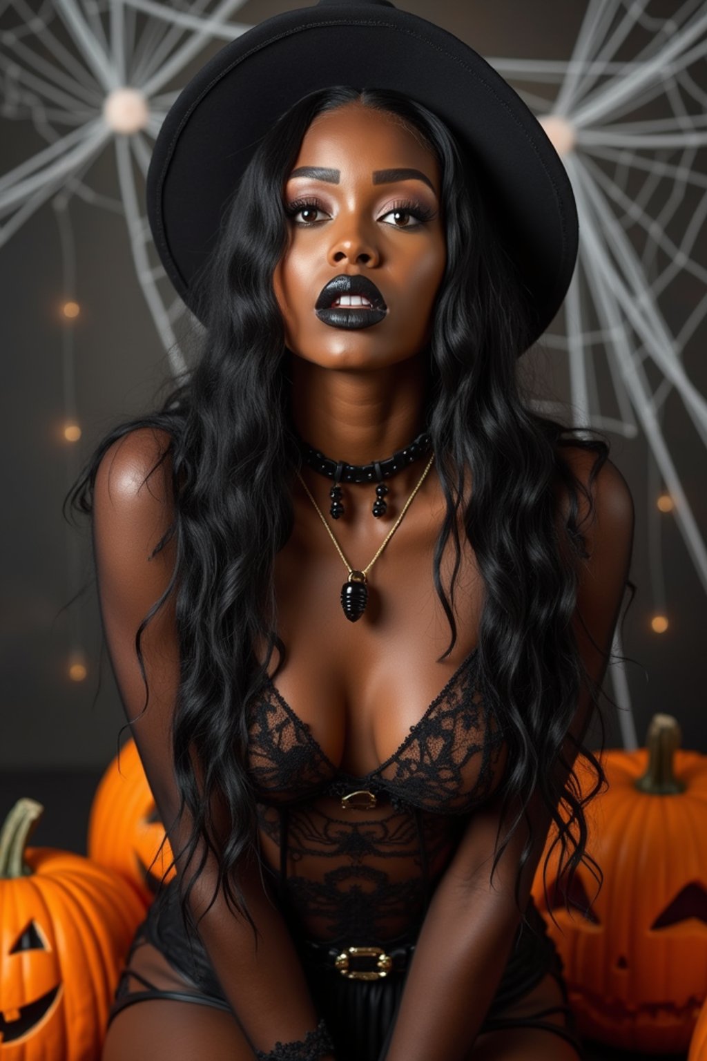 woman wearing (naughty halloween) (sexy halloween costume) (halloween outfit), spooky outfit posing for photo, background is halloween pumpkins and spiderwebs