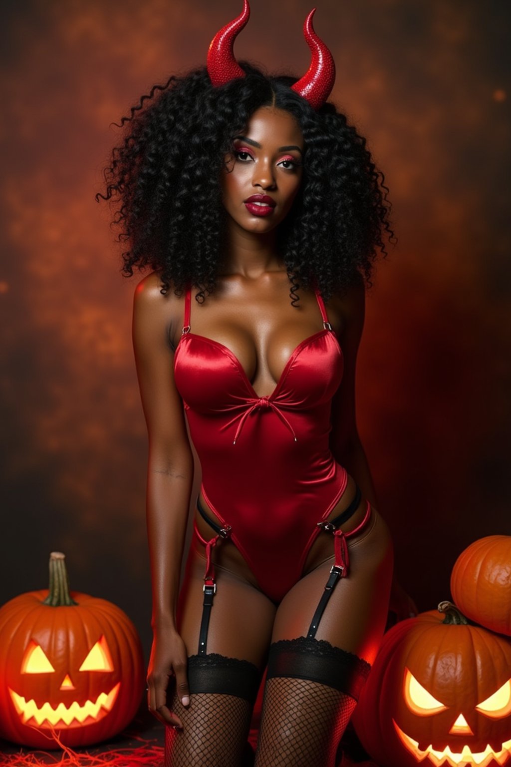 a woman wearing sexy halloween costume, (silk red bodysuit), stockings, red devil, red devil horns, lingerie, fishnets, spiderwebs, pumpkins, (camera flash light)