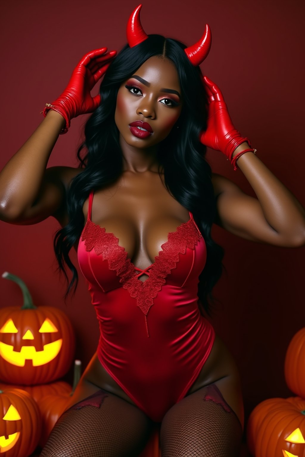 a woman wearing sexy halloween costume, (silk red bodysuit), stockings, red devil, red devil horns, lingerie, fishnets, spiderwebs, pumpkins, (camera flash light)