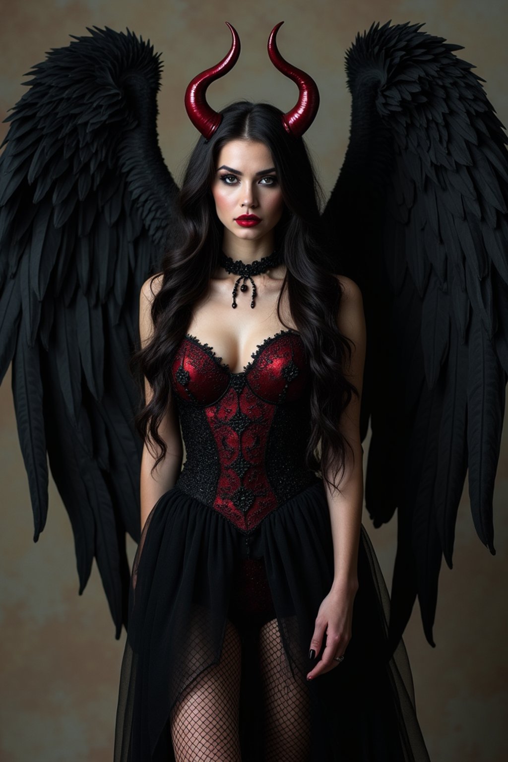 a woman dressed as an angel poses for a picture, dark angel, angel knight gothic girl, dark gothic dress, very sexy devil outfit, full body devil woman, gothic woman dressed in black and red, megan fox witch queen, raven winged female vampire, villainess has black angel wings, gothic outfit, tall female angel, gothic dress, fallen angel, winged woman angel, fishnet stockings