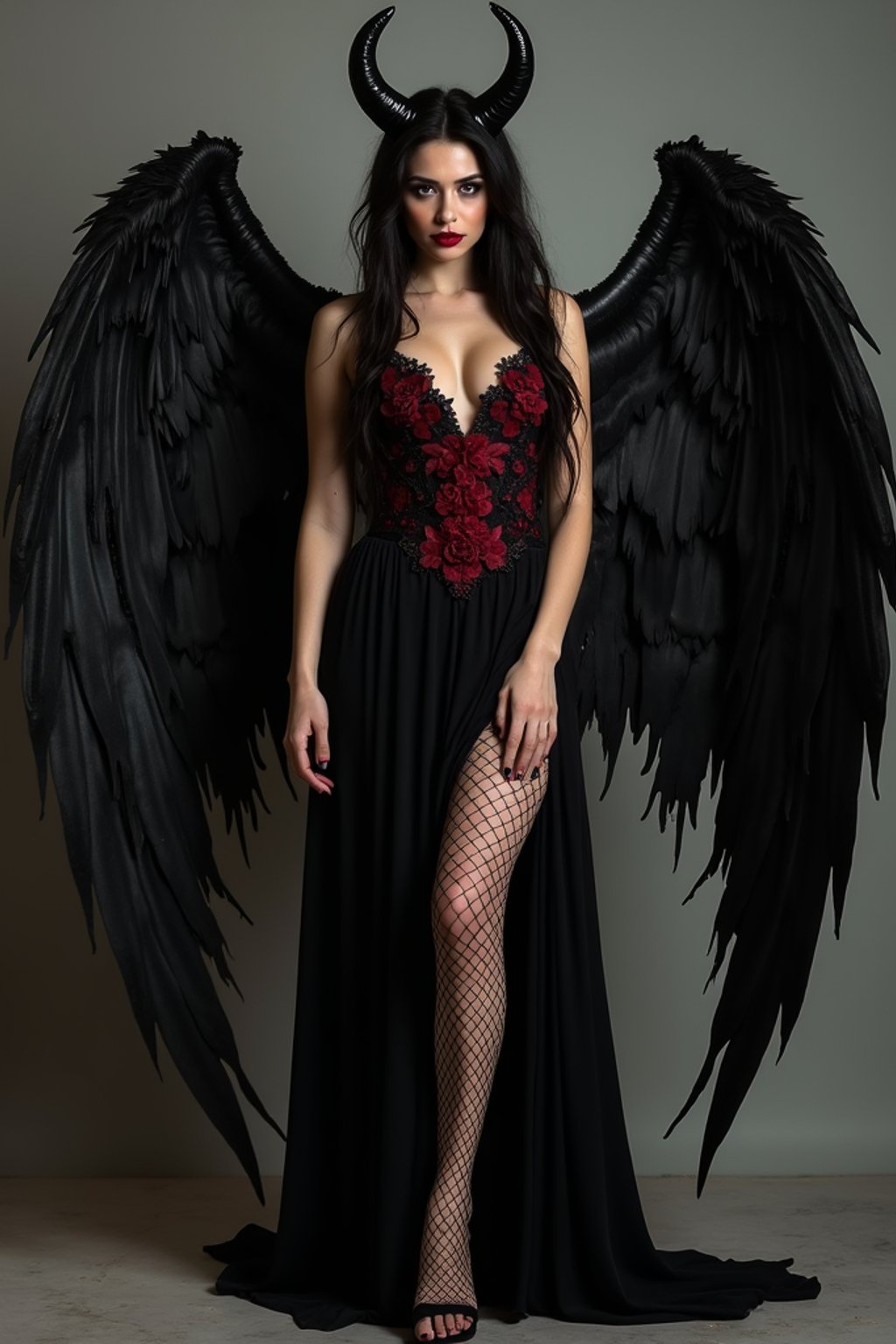 a woman dressed as an angel poses for a picture, dark angel, angel knight gothic girl, dark gothic dress, very sexy devil outfit, full body devil woman, gothic woman dressed in black and red, megan fox witch queen, raven winged female vampire, villainess has black angel wings, gothic outfit, tall female angel, gothic dress, fallen angel, winged woman angel, fishnet stockings