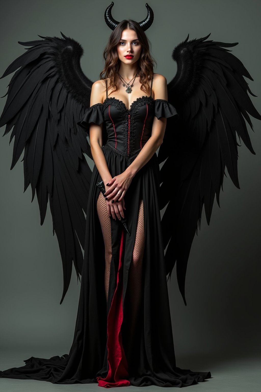 a woman dressed as an angel poses for a picture, dark angel, angel knight gothic girl, dark gothic dress, very sexy devil outfit, full body devil woman, gothic woman dressed in black and red, megan fox witch queen, raven winged female vampire, villainess has black angel wings, gothic outfit, tall female angel, gothic dress, fallen angel, winged woman angel, fishnet stockings