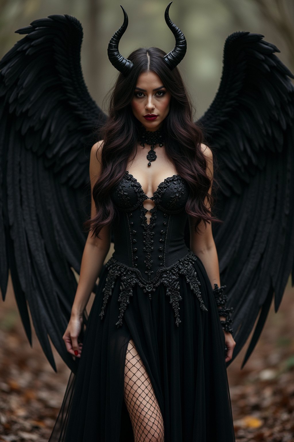 a woman dressed as an angel poses for a picture, dark angel, angel knight gothic girl, dark gothic dress, very sexy devil outfit, full body devil woman, gothic woman dressed in black and red, megan fox witch queen, raven winged female vampire, villainess has black angel wings, gothic outfit, tall female angel, gothic dress, fallen angel, winged woman angel, fishnet stockings