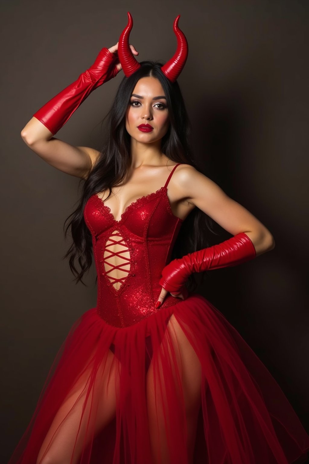 woman wearing (naughty halloween) (sexy halloween costume) red devil outfit posing for photo