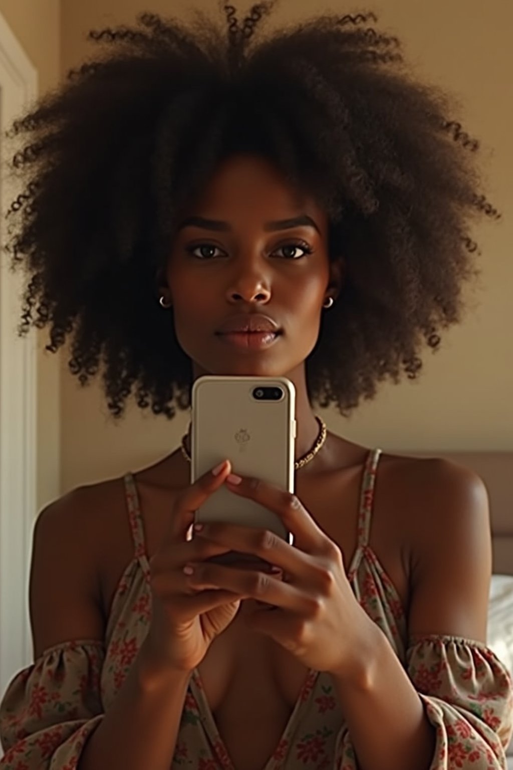 beautiful woman taking a selfie in bedroom mirror