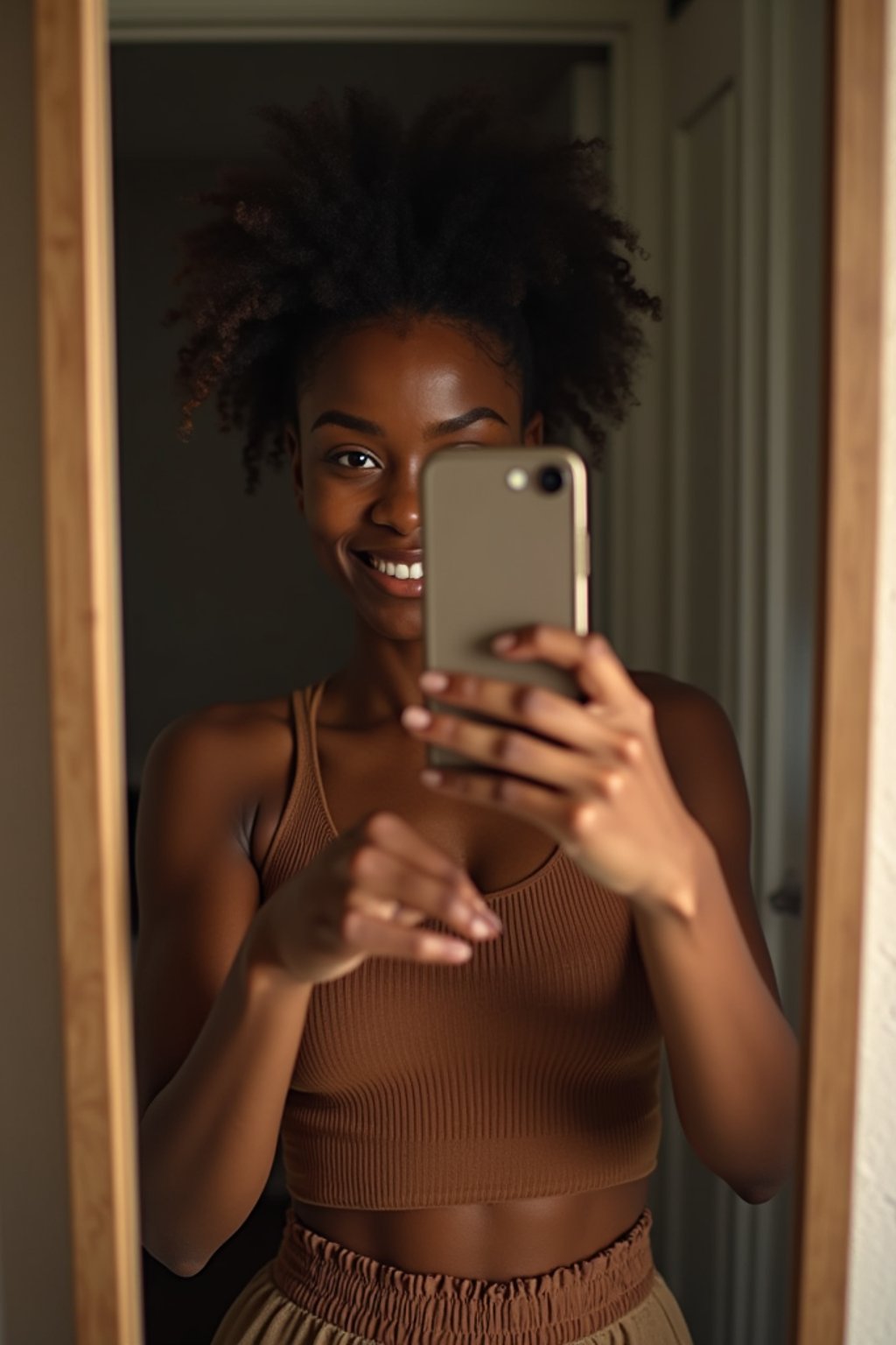 beautiful woman taking a selfie in bedroom mirror