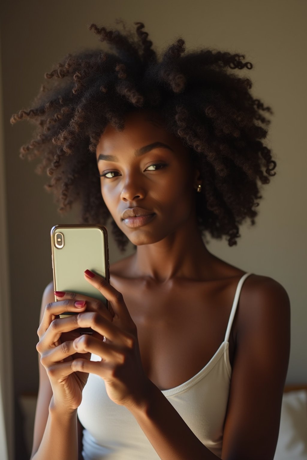 beautiful woman taking a selfie in bedroom mirror