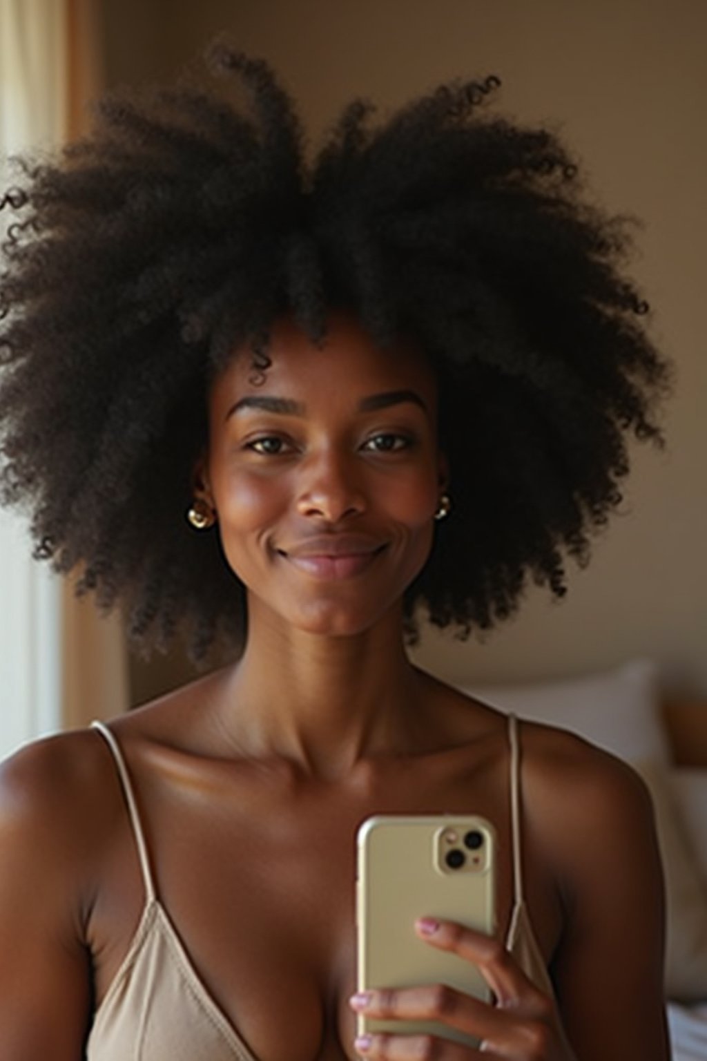 beautiful woman taking a selfie in bedroom mirror