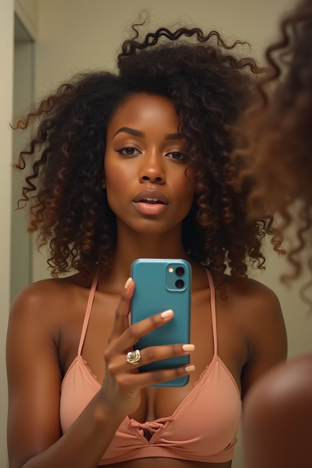 beautiful woman taking a selfie in bathroom mirror