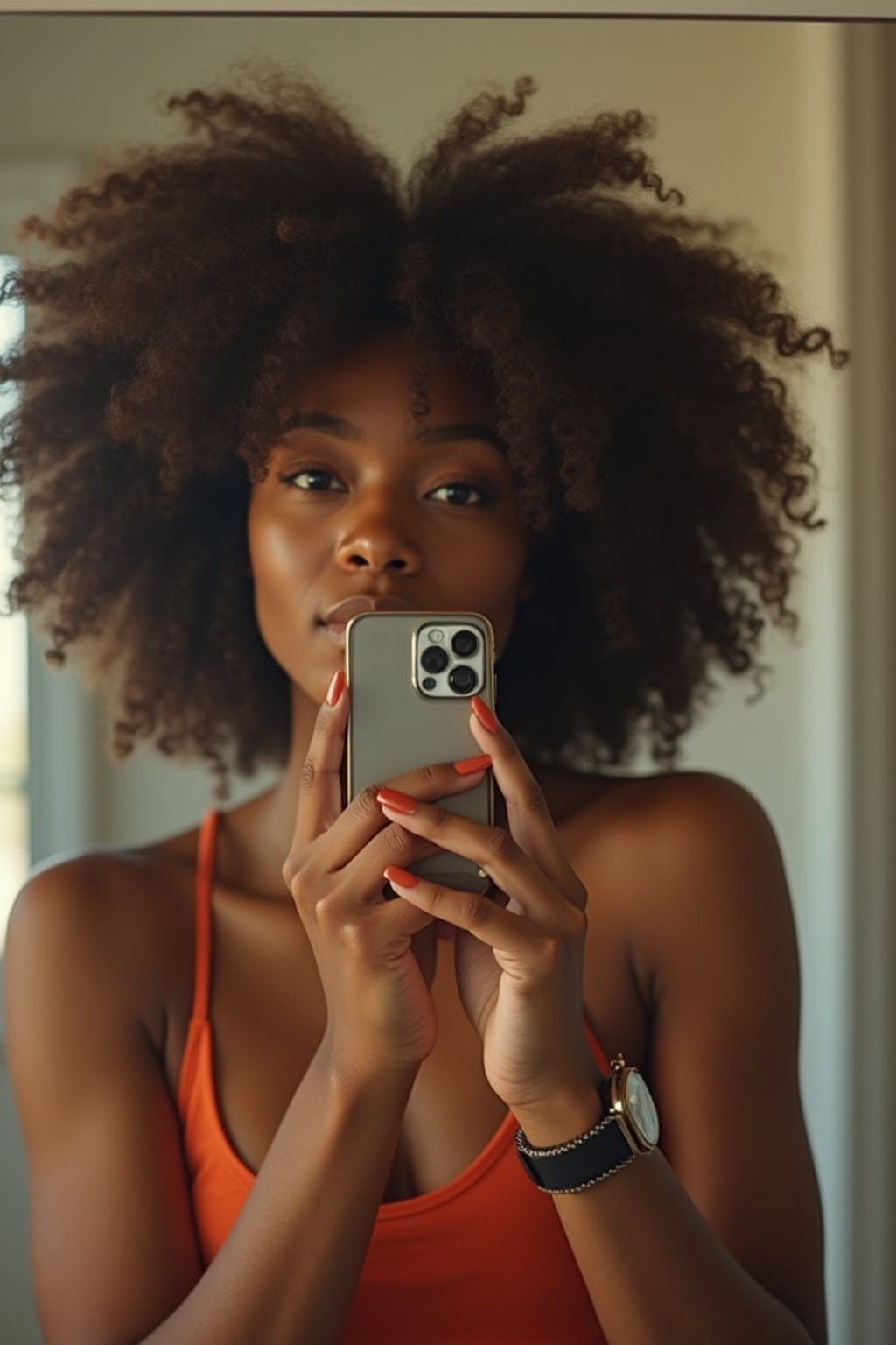 beautiful woman taking a selfie in bathroom mirror