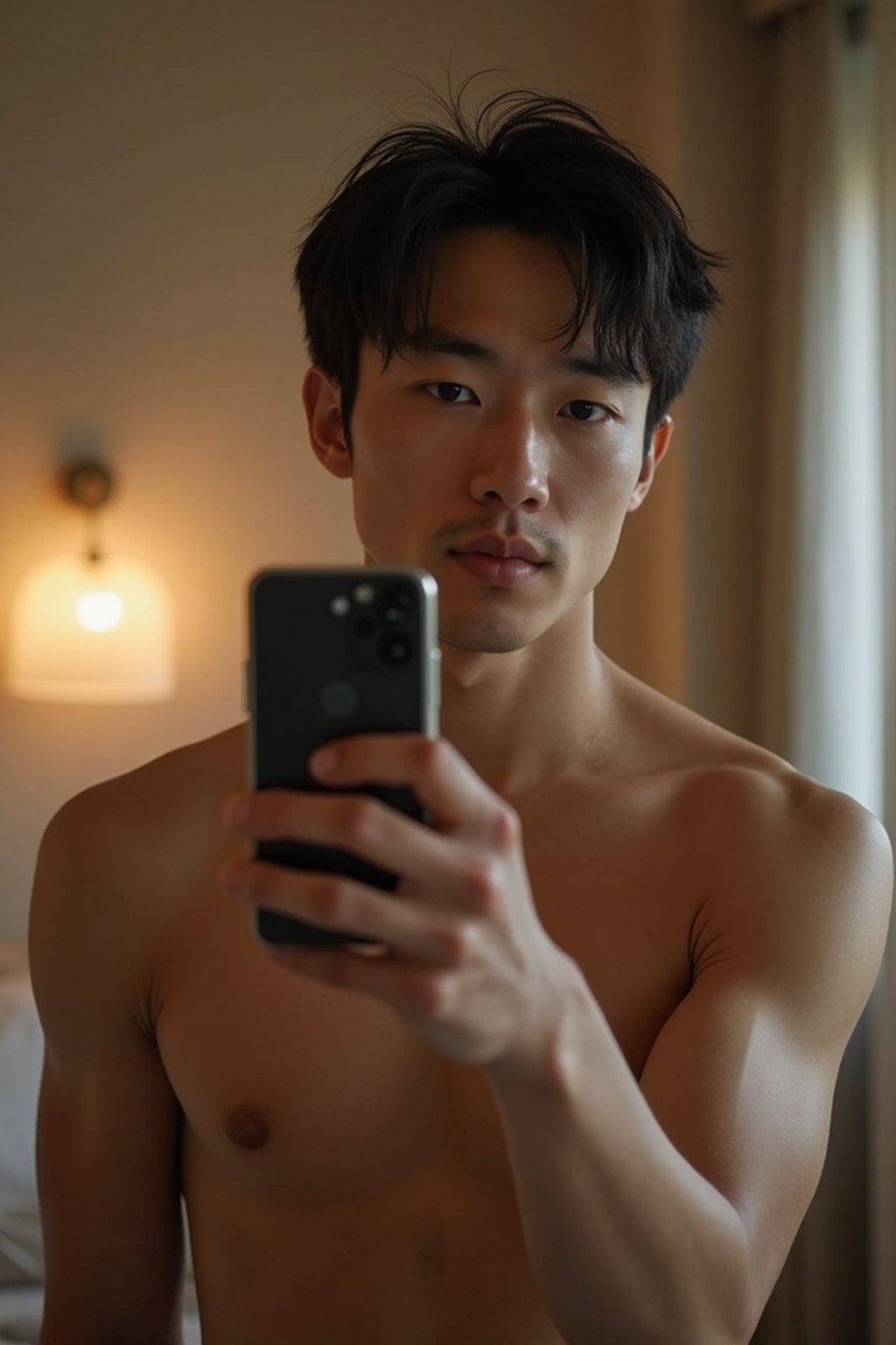 beautiful man taking a selfie in bedroom mirror