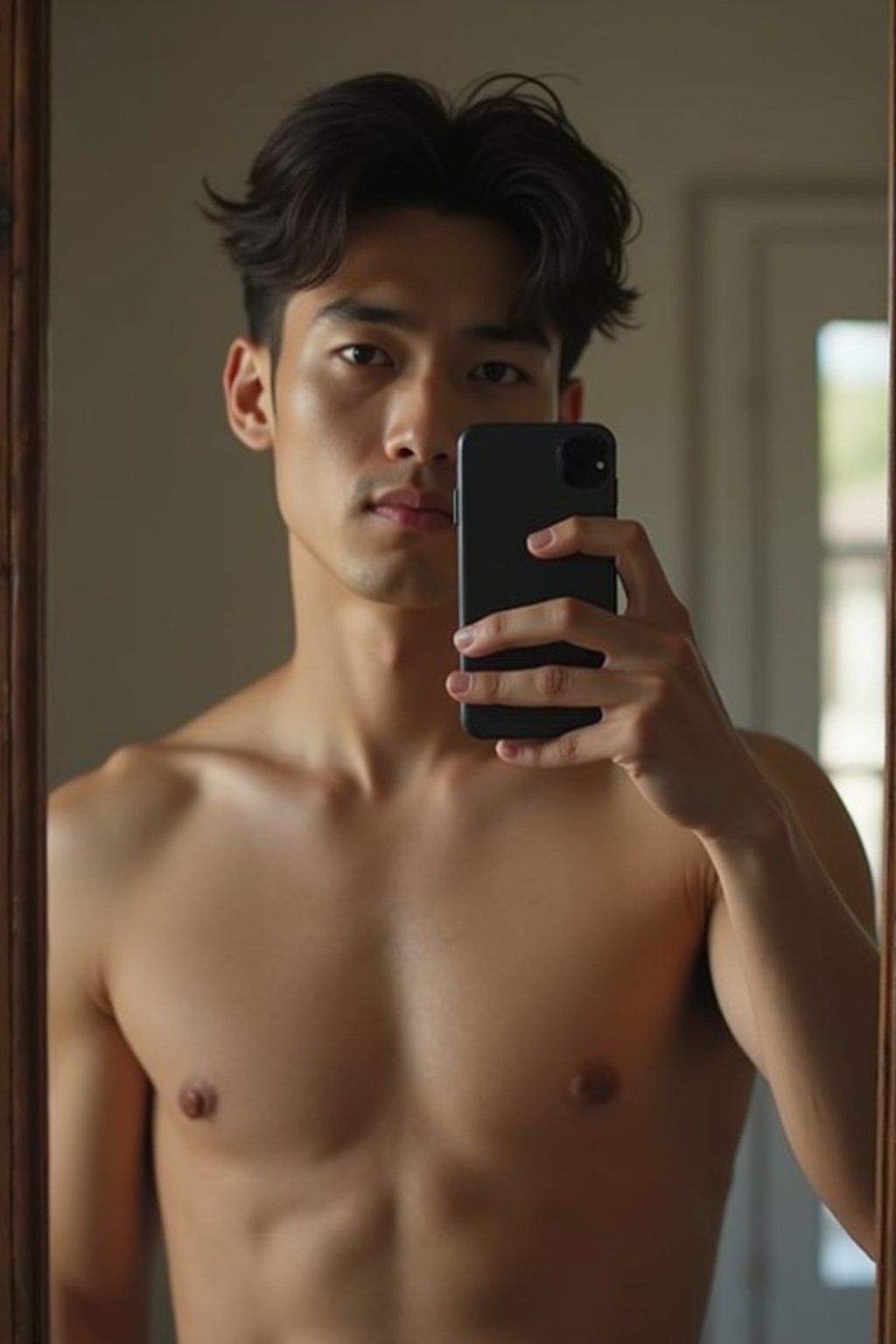 beautiful man taking a selfie in bedroom mirror