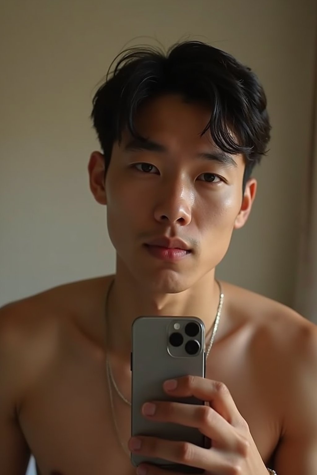 beautiful man taking a selfie in bedroom mirror