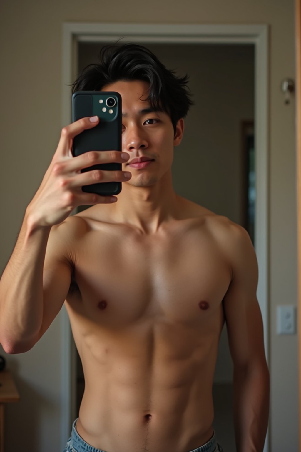 beautiful man taking a selfie in bedroom mirror