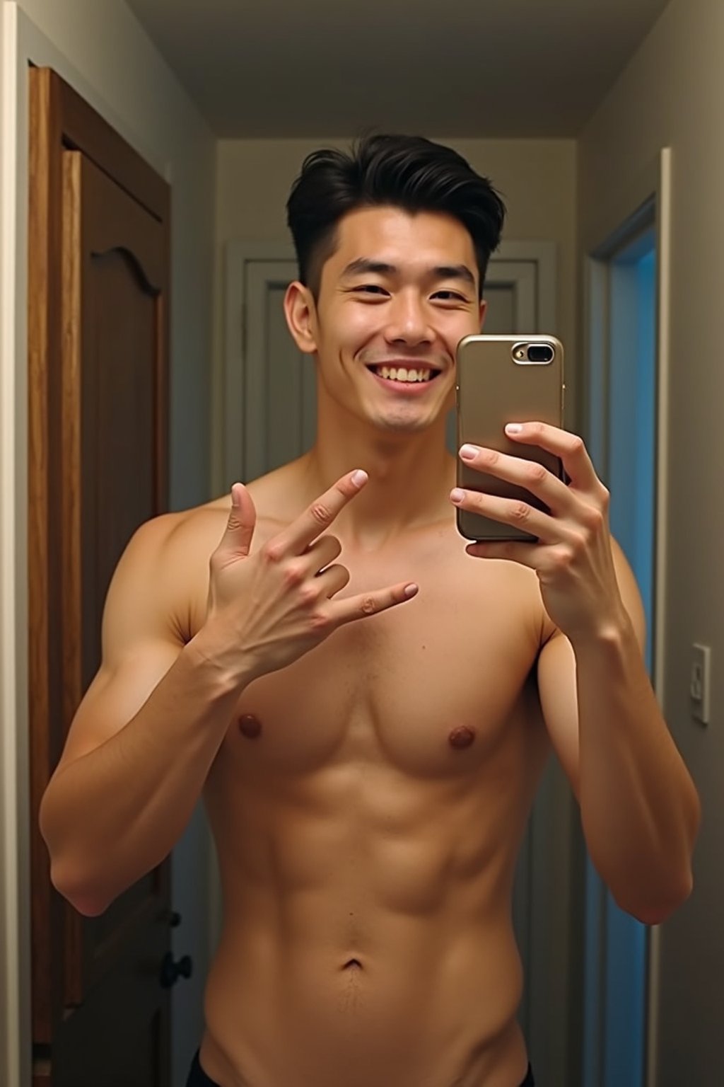 beautiful man taking a selfie in bathroom mirror