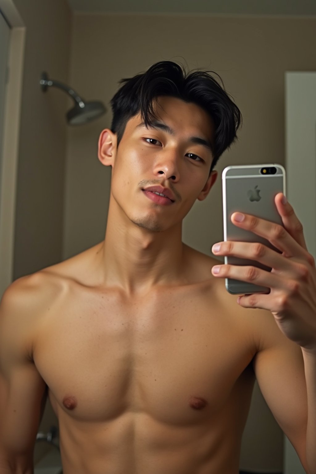 beautiful man taking a selfie in bathroom mirror