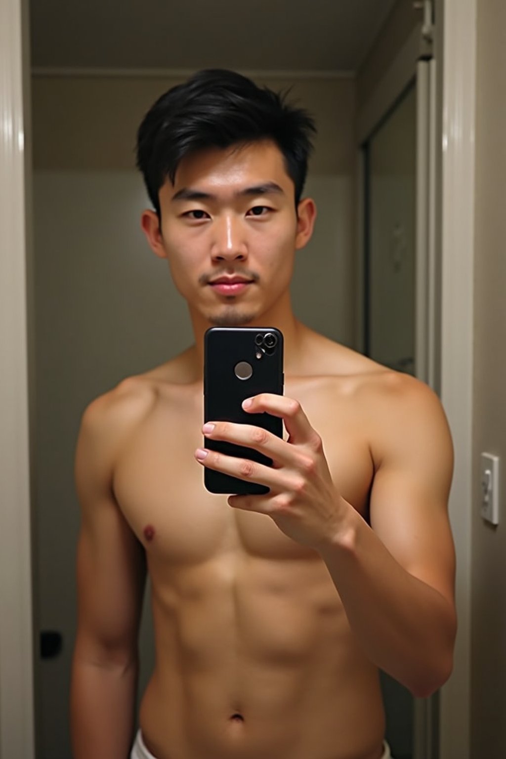 beautiful man taking a selfie in bathroom mirror