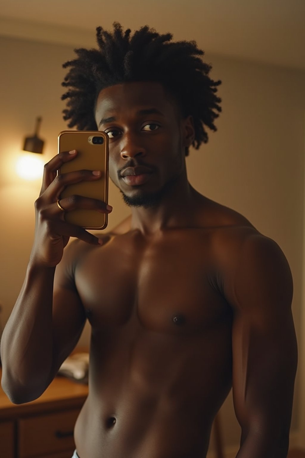 beautiful man taking a selfie in bedroom mirror