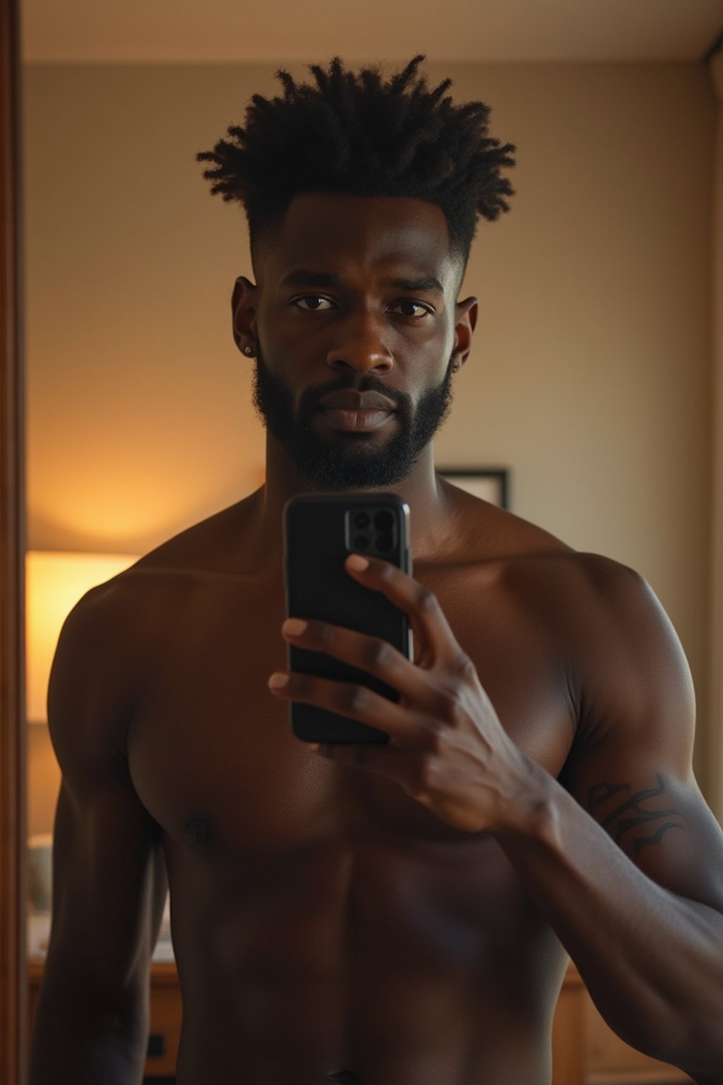 beautiful man taking a selfie in bedroom mirror