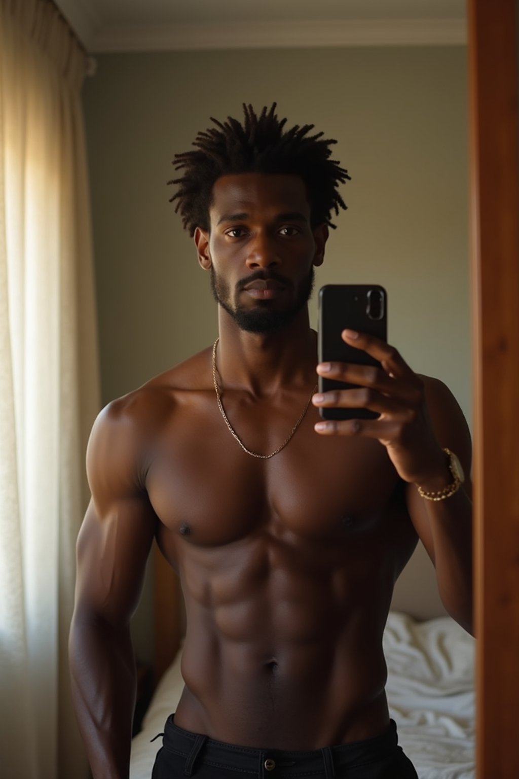 beautiful man taking a selfie in bedroom mirror