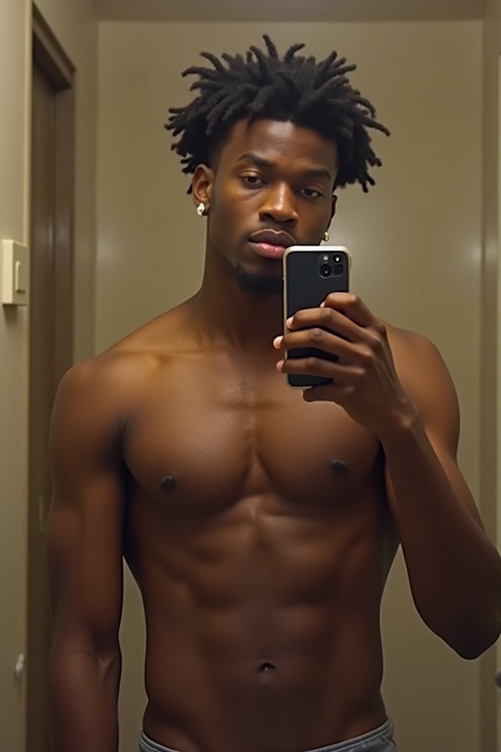 beautiful man taking a selfie in bathroom mirror