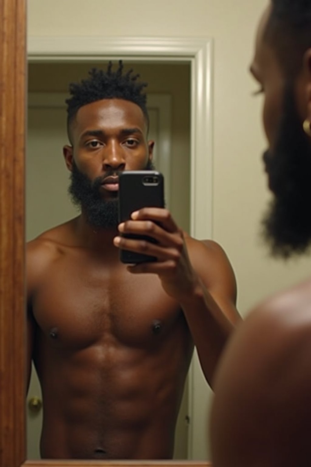 beautiful man taking a selfie in bathroom mirror