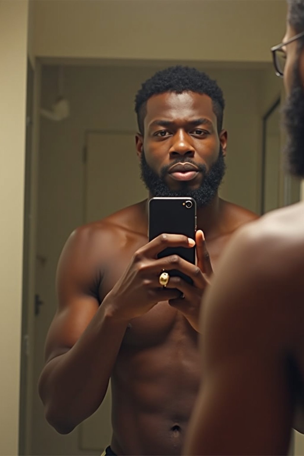 beautiful man taking a selfie in bathroom mirror