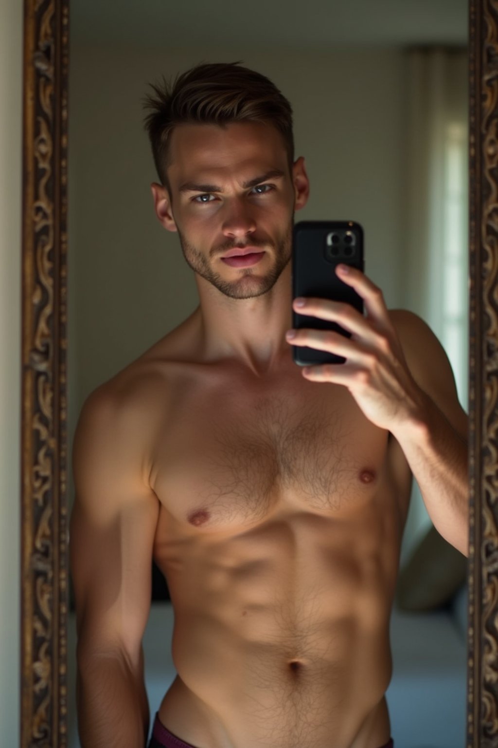 beautiful man taking a selfie in bedroom mirror