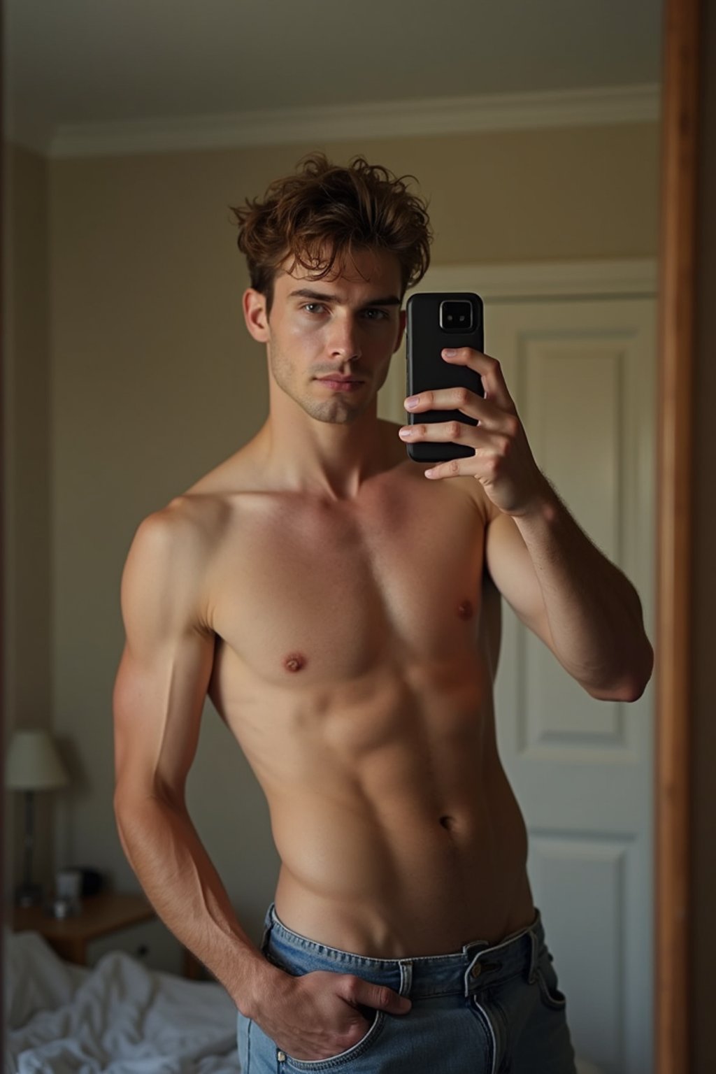 beautiful man taking a selfie in bedroom mirror