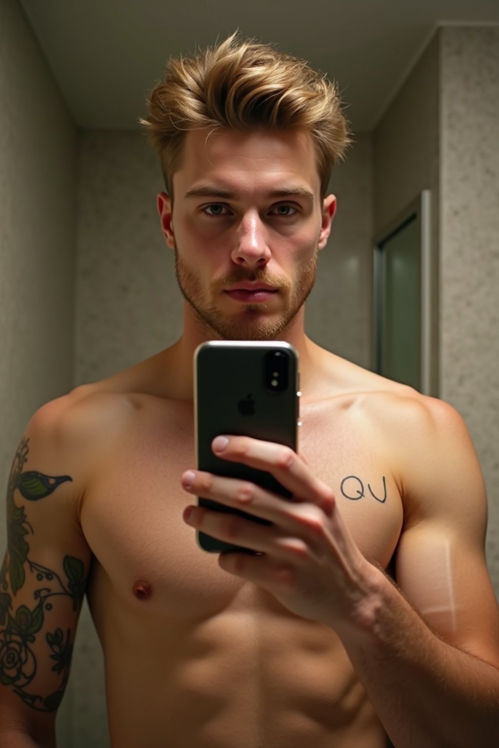 beautiful man taking a selfie in bathroom mirror