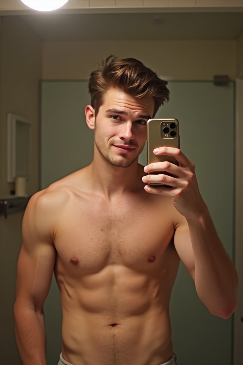 beautiful man taking a selfie in bathroom mirror