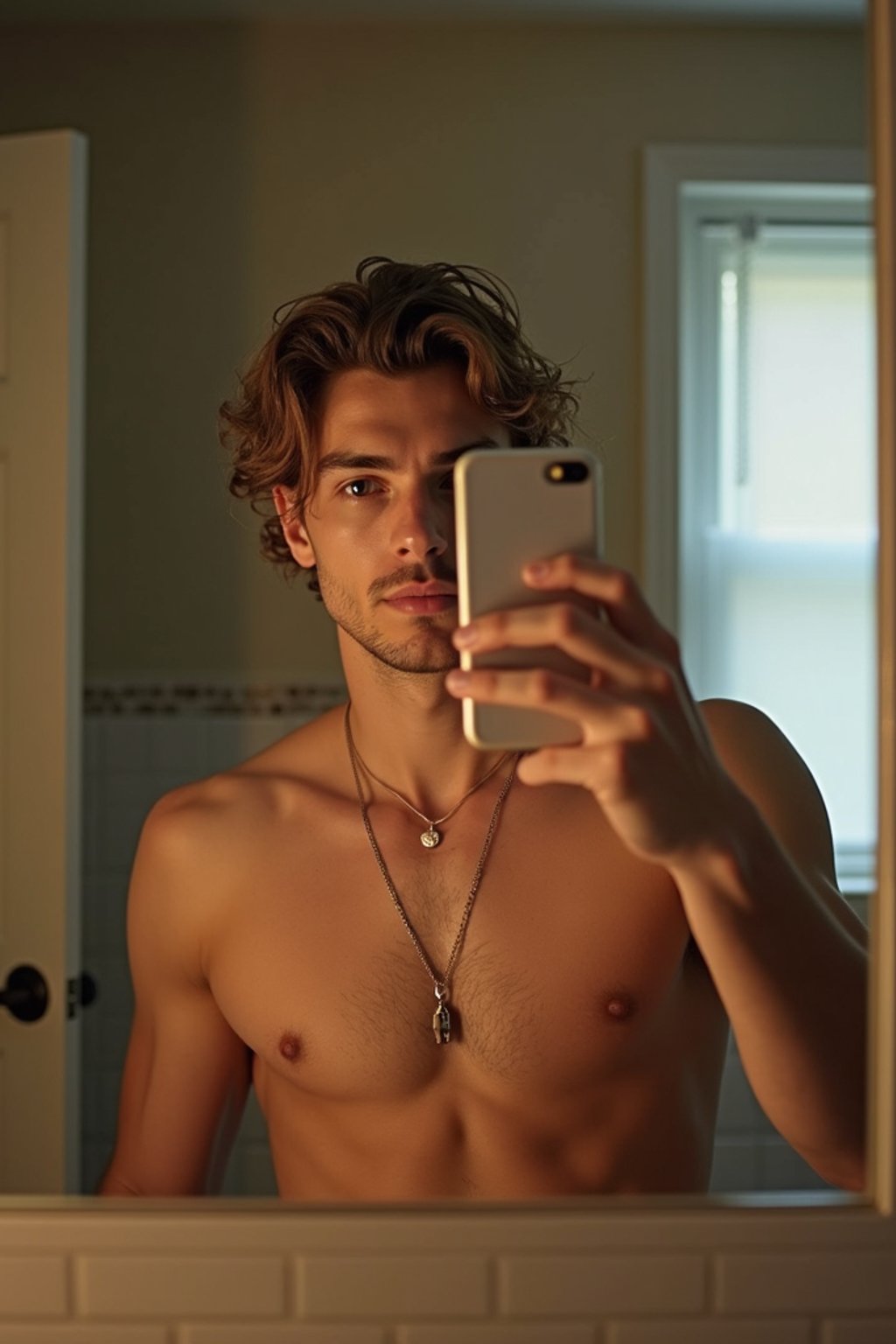 beautiful man taking a selfie in bathroom mirror