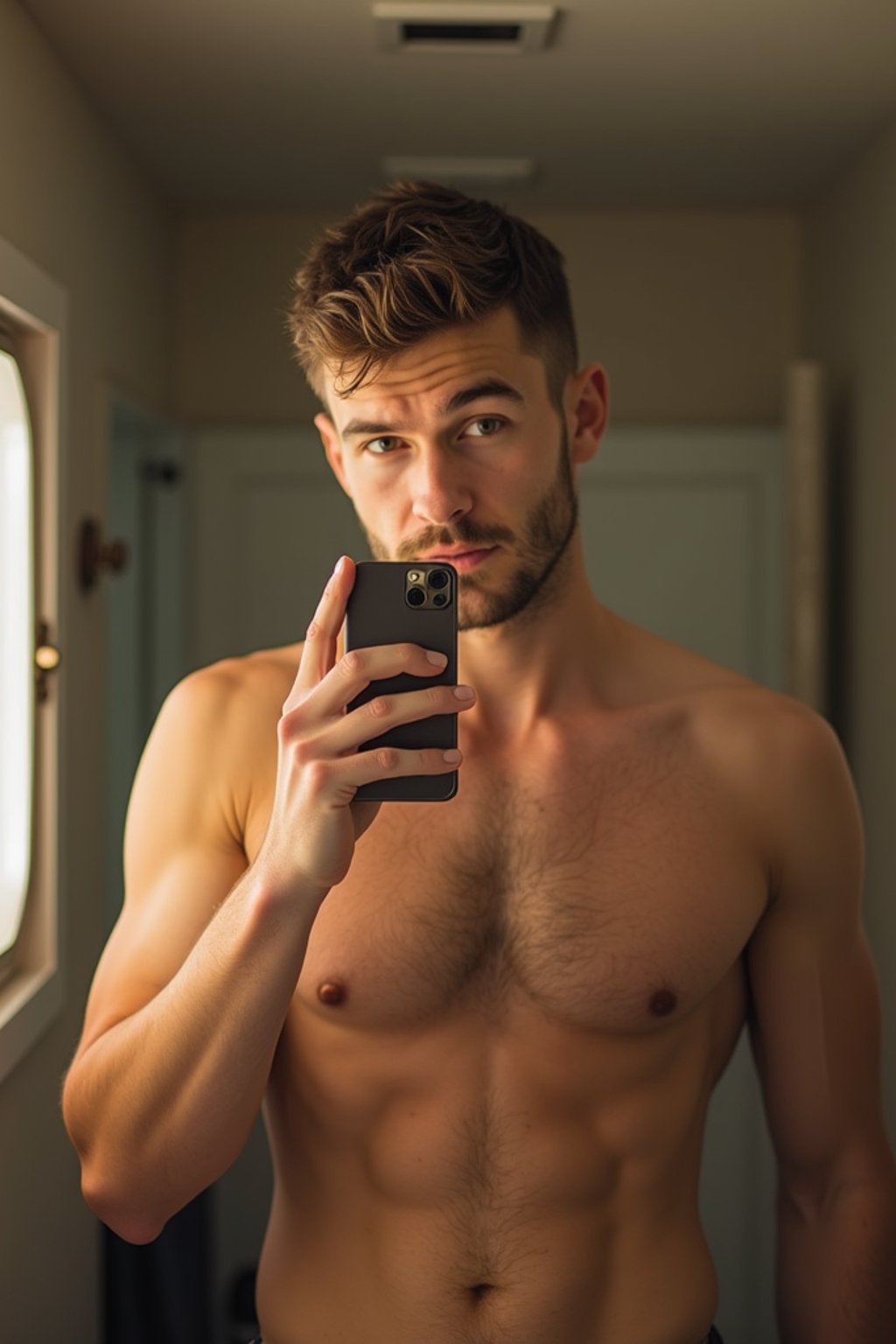 beautiful man taking a selfie in bathroom mirror