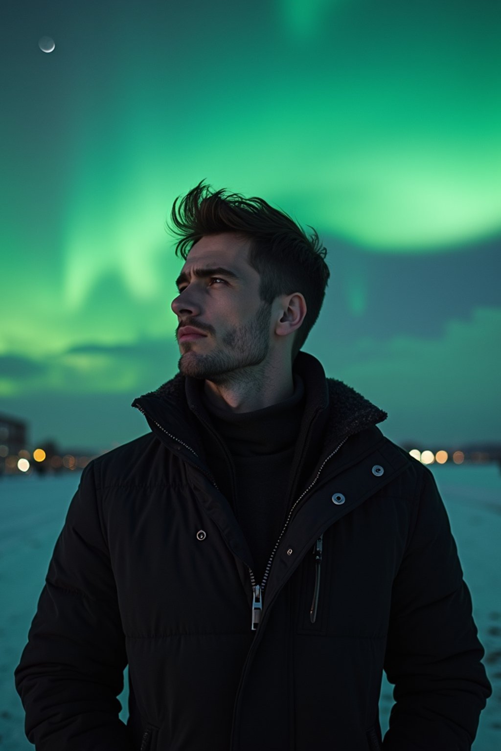 man in Reykjavik with the Northern Lights in the background