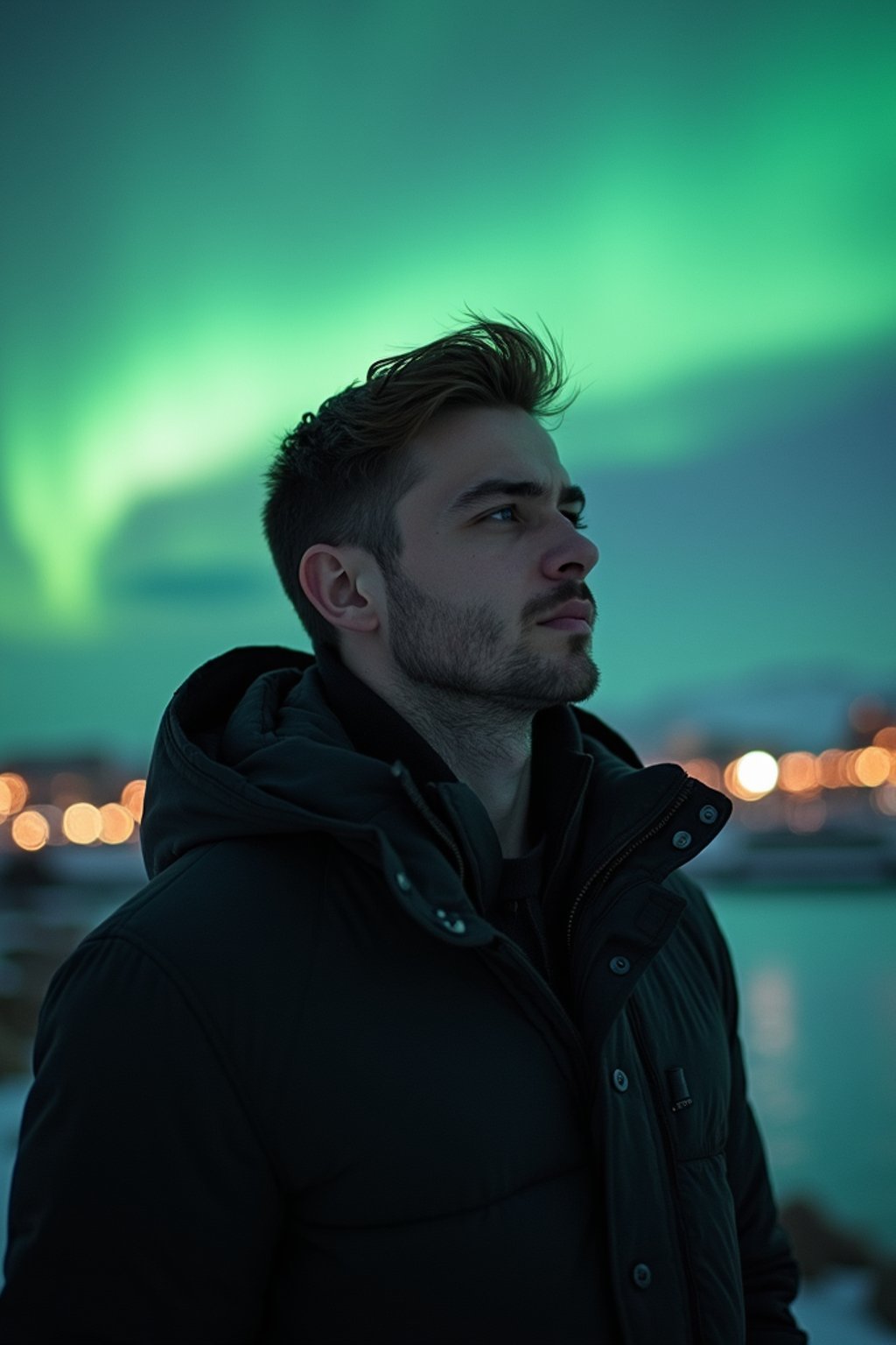 man in Reykjavik with the Northern Lights in the background