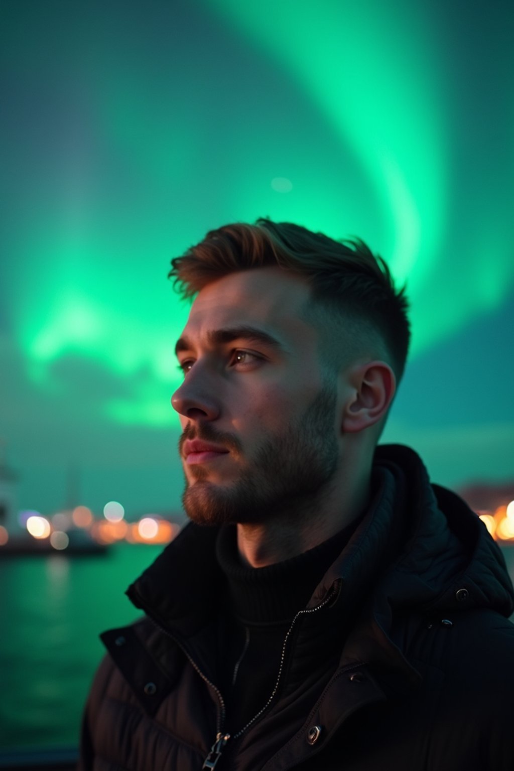 man in Reykjavik with the Northern Lights in the background