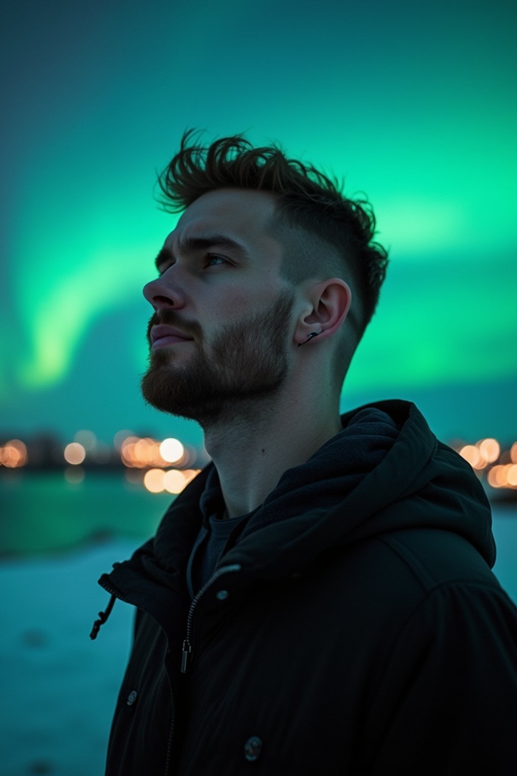 man in Reykjavik with the Northern Lights in the background