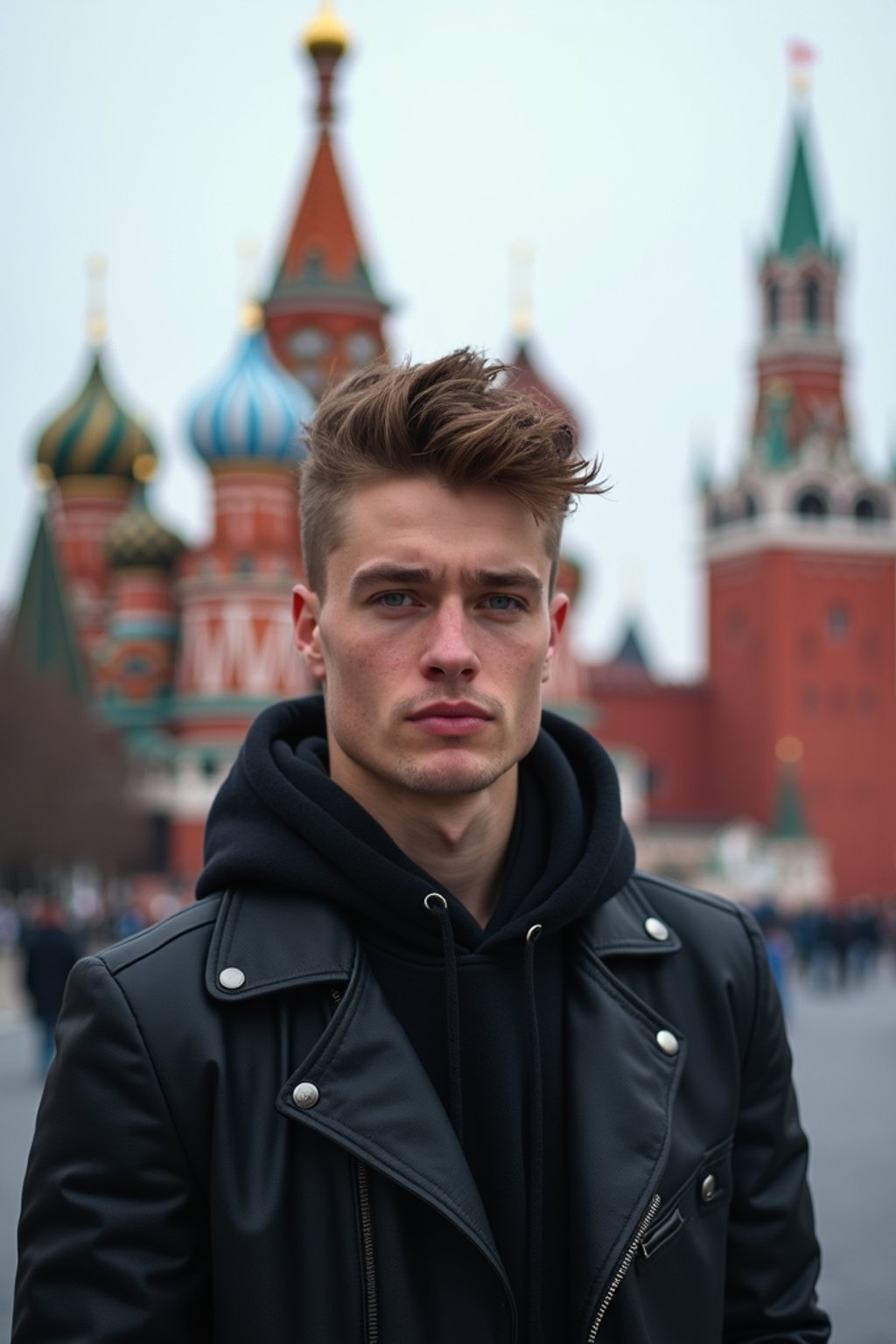 man in Moscow with the Kremlin in the background