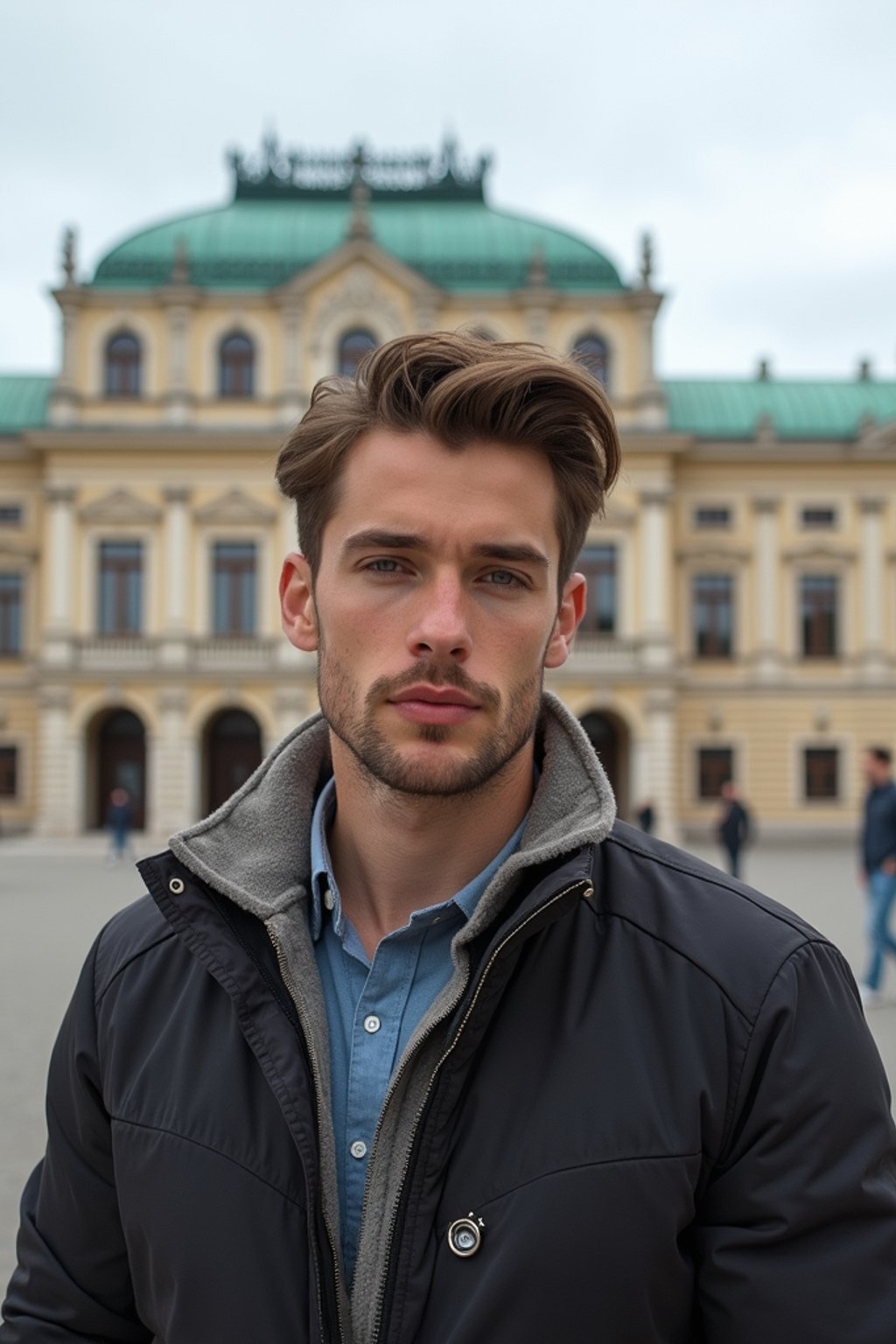 man in Vienna with the Schönbrunn Palace in the background