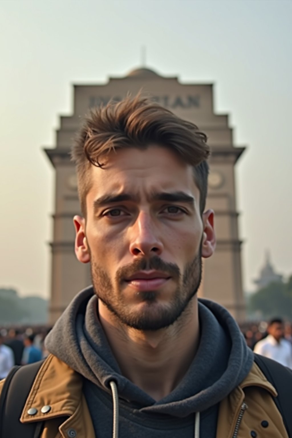 man in Delhi with the India Gate in the background