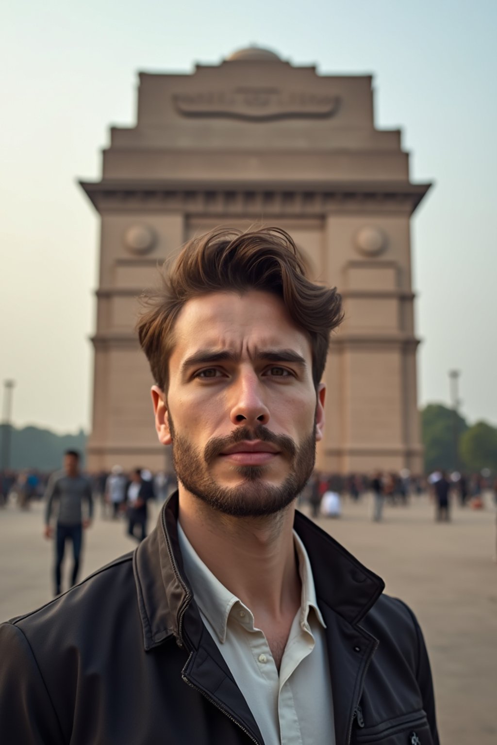 man in Delhi with the India Gate in the background